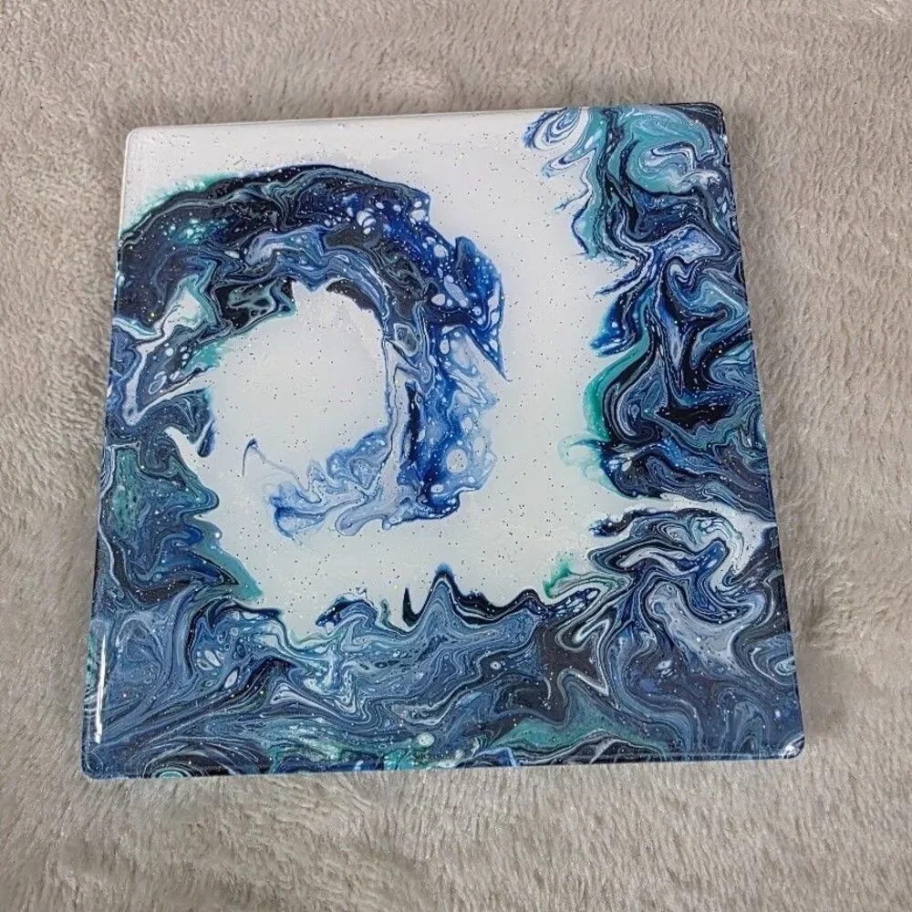 Original Pour Paint Set 4 Ceramic Coasters Hand Poured Wave Painting Blue White - Picture 4 of 7